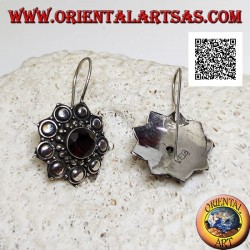 Silver flower pendant earrings with faceted round garnet surrounded by balls and discs