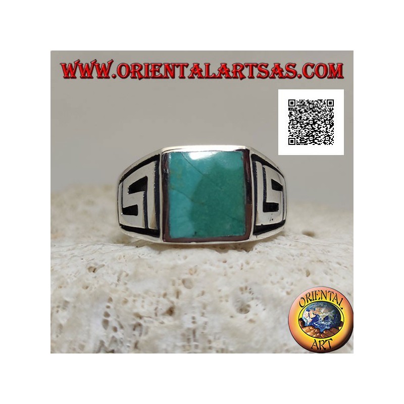 Silver ring with natural square turquoise and labyrinth on the sides (30)