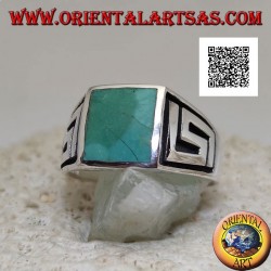 Silver ring with natural square turquoise and labyrinth on the sides (30)