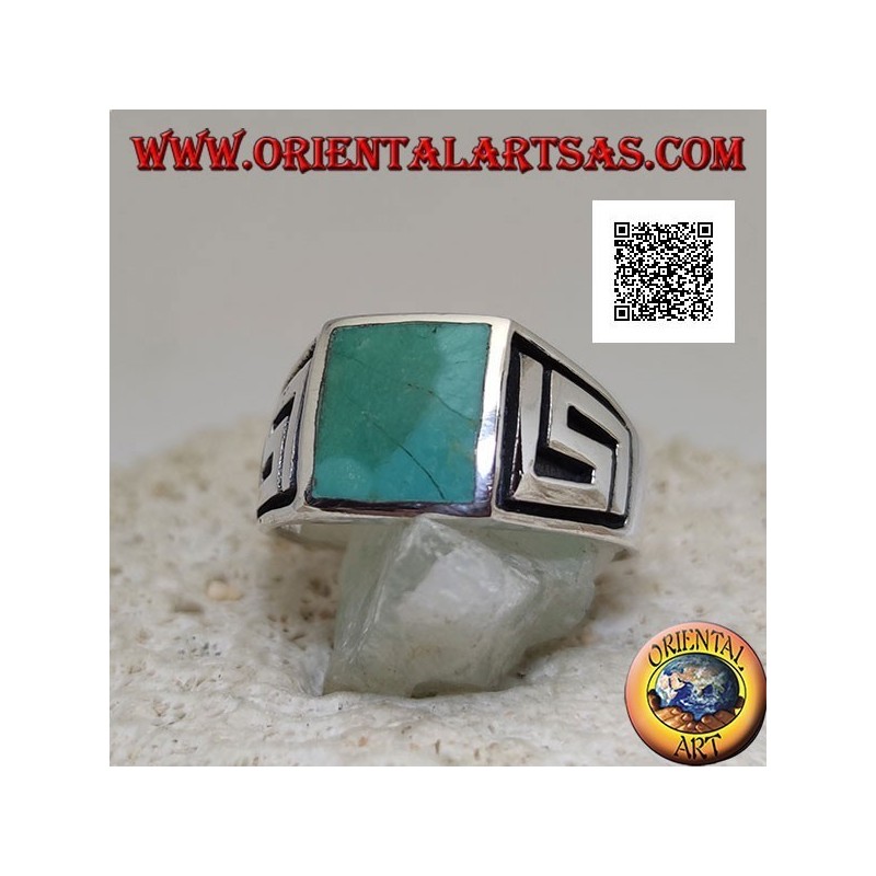 Silver ring with natural square turquoise and labyrinth on the sides (30)