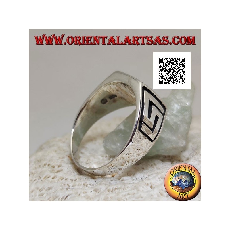 Silver ring with natural square turquoise and labyrinth on the sides (30)
