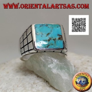 Silver ring with rectangular natural turquoise and small squares on the sides (22)
