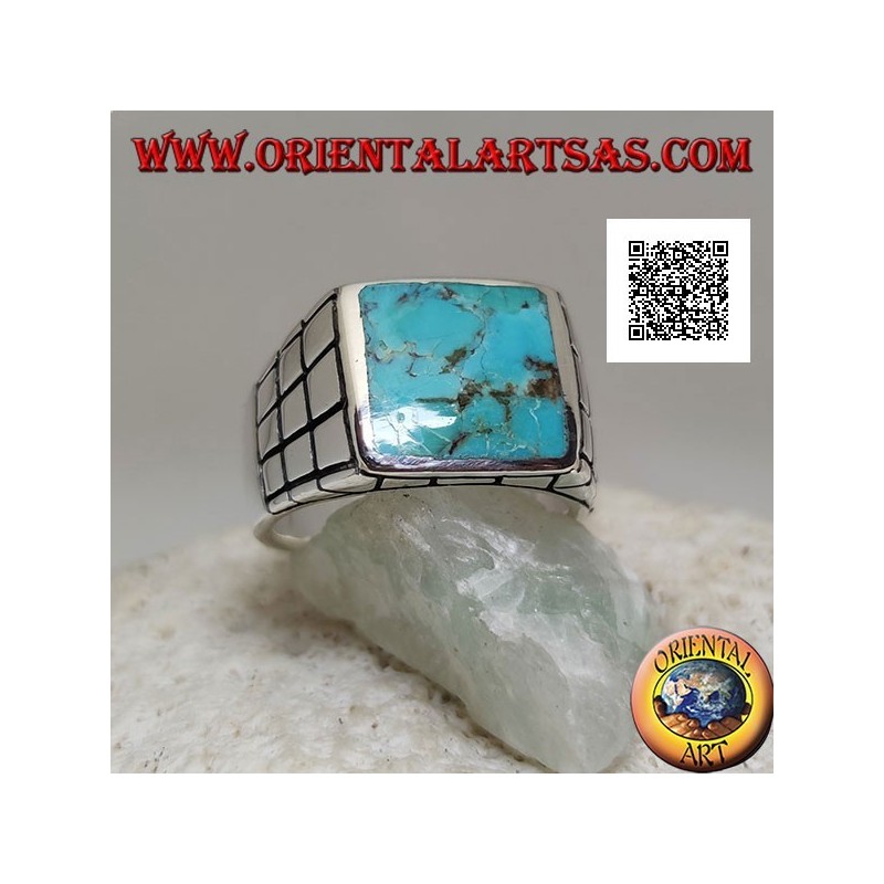 Silver ring with rectangular natural turquoise and small squares on the sides (22)
