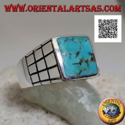 Silver ring with rectangular natural turquoise and small squares on the sides (22)