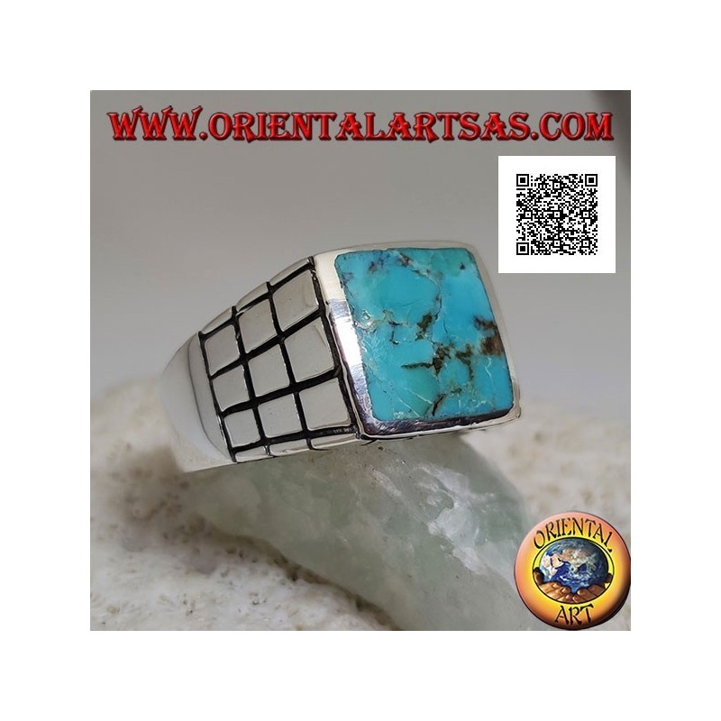 Anillo de plata con turquesa natural rectangular y pequeños cuadrados en los lados (22)