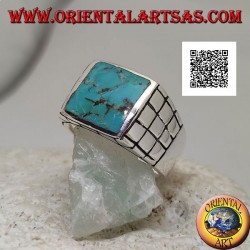 Silver ring with rectangular natural turquoise and small squares on the sides (22)