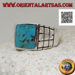 Silver ring with rectangular natural turquoise and small squares on the sides (22)