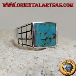 Silver ring with rectangular natural turquoise and small squares on the sides (22)