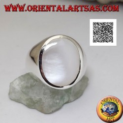 Silver ring with large oval mother-of-pearl flush with the edge on a smooth setting