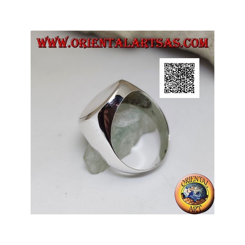 Silver ring with large oval mother-of-pearl flush with the edge on a smooth setting