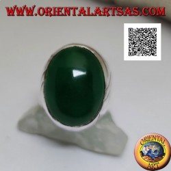 Silver ring with large cabochon oval green agate and three oblique lines engraved on the sides