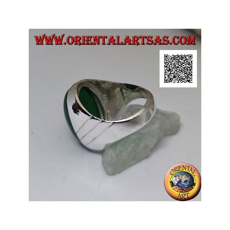 Silver ring with large cabochon oval green agate and three oblique lines engraved on the sides