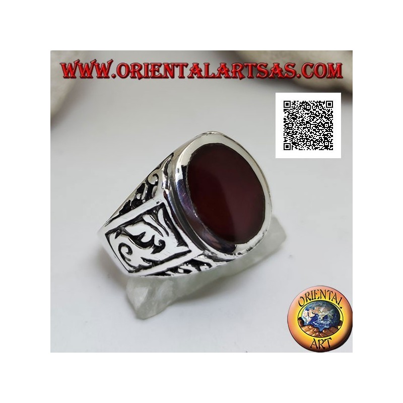 Anello Uomo Argento 925 Corniola Ovale Decorazioni Gotiche Altorilievo