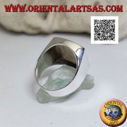 Silver ring with rectangular mother-of-pearl curved on two sides flush with the edge on a smooth setting