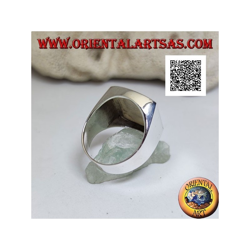 Silver ring with rectangular mother-of-pearl curved on two sides flush with the edge on a smooth setting