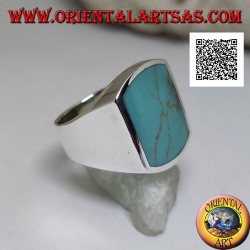 Silver ring with curved rectangular turquoise on two sides flush with the edge on a smooth setting