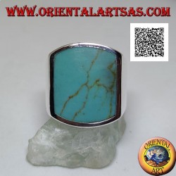 Silver ring with curved rectangular turquoise on two sides flush with the edge on a smooth setting