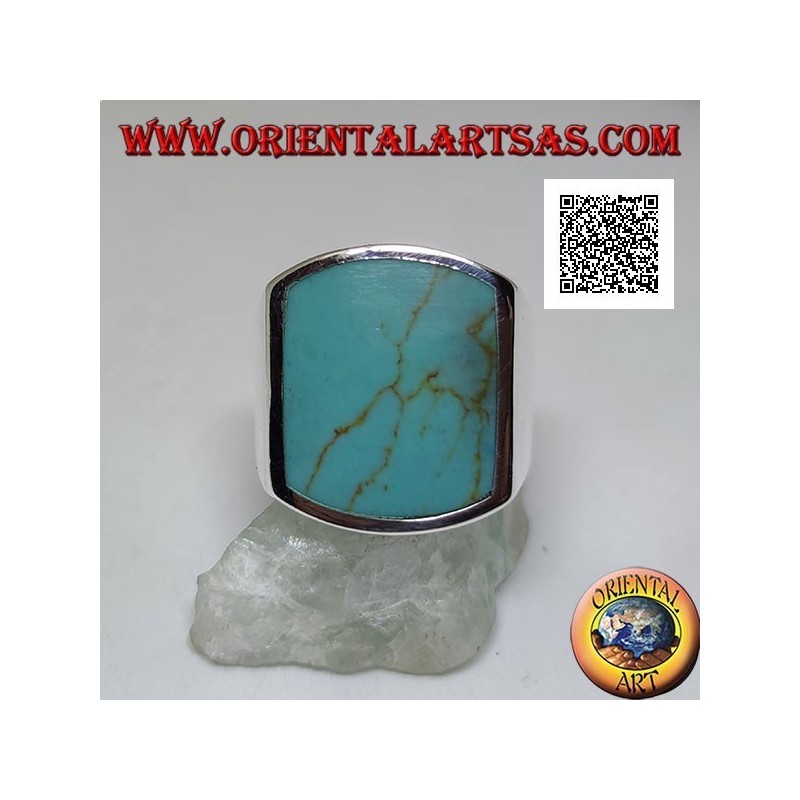 Silver ring with curved rectangular turquoise on two sides flush with the edge on a smooth setting