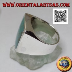 Silver ring with curved rectangular turquoise on two sides flush with the edge on a smooth setting