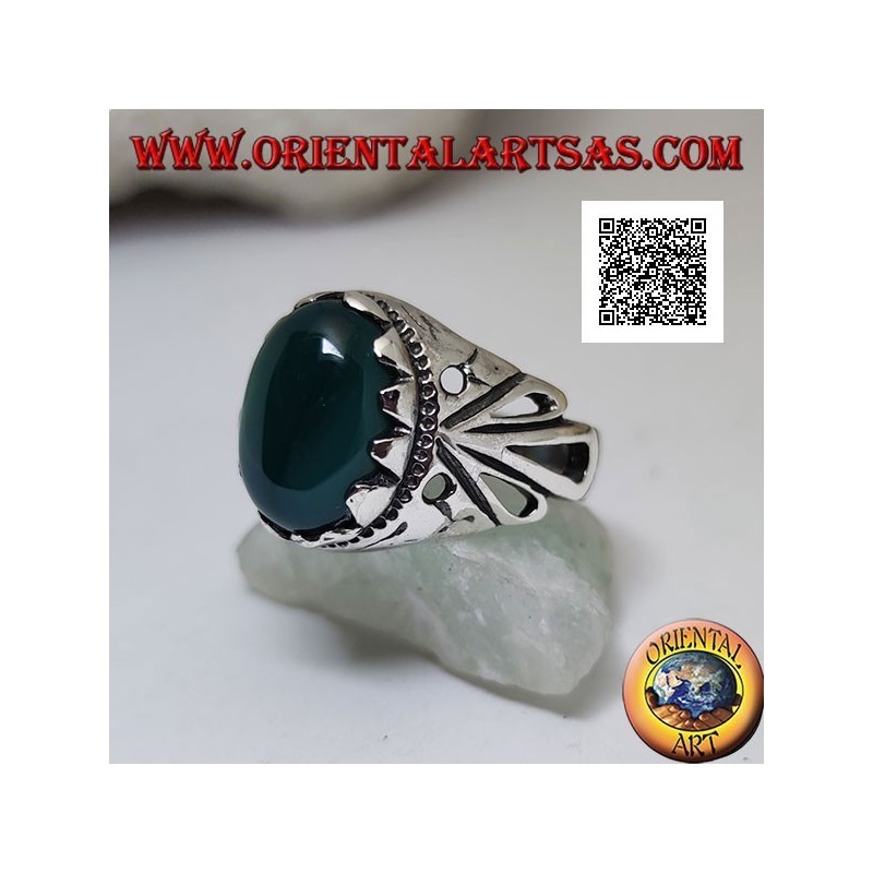 Silver ring with cabochon oval green agate set with openwork decoration on the sides