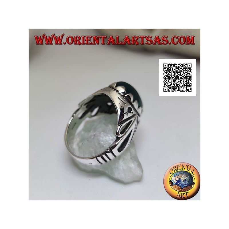 Silver ring with cabochon oval green agate set with openwork decoration on the sides