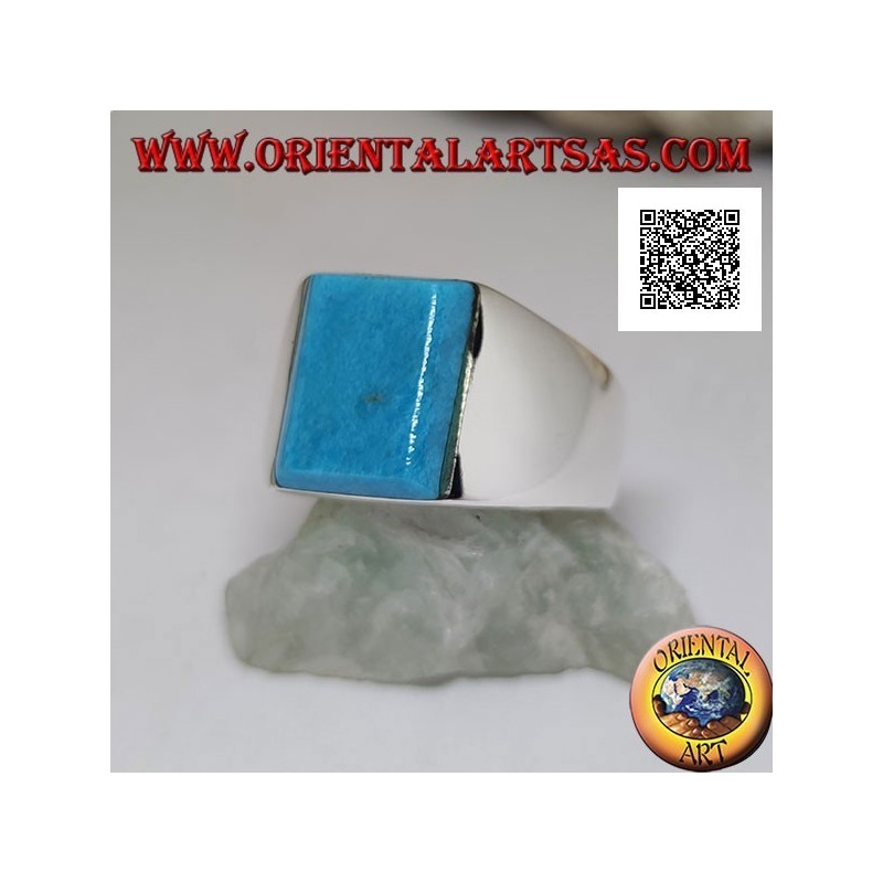 Bague en argent avec turquoise rectangulaire en relief sur monture lisse