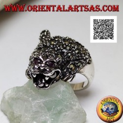 Silver ring in the shape of a tiger in an offensive position studded with marcasite all over the body