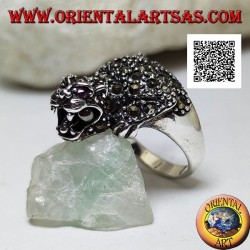 Silver ring in the shape of a tiger in an offensive position studded with marcasite all over the body
