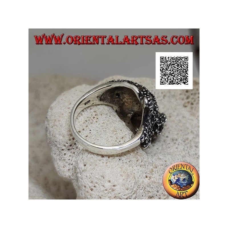 Silver ring in the shape of a tiger in an offensive position studded with marcasite all over the body