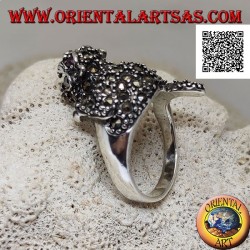 Silver ring in the shape of a tiger in an offensive position studded with marcasite all over the body