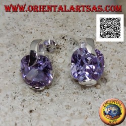 Pendientes lóbulos de plata con circonita cuadrada de amatista engastada con 2 ganchos gruesos y 2 finos