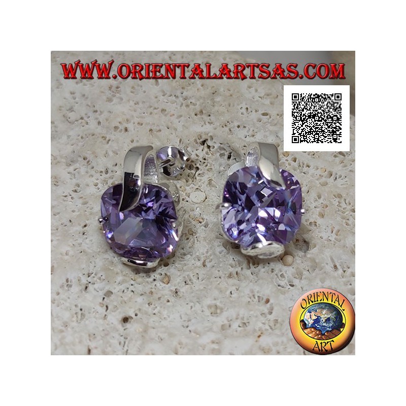 Silver lobe earrings with square amethyst zircon set with 2 thick and 2 thin hooks