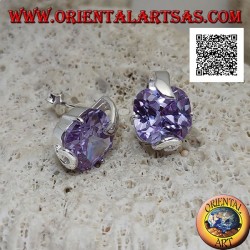 Boucles d'oreilles lobe argent avec zircon améthyste carré serti de 2 crochets épais et 2 fins