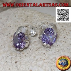 Boucles d'oreilles lobe argent avec zircon améthyste carré serti de 2 crochets épais et 2 fins