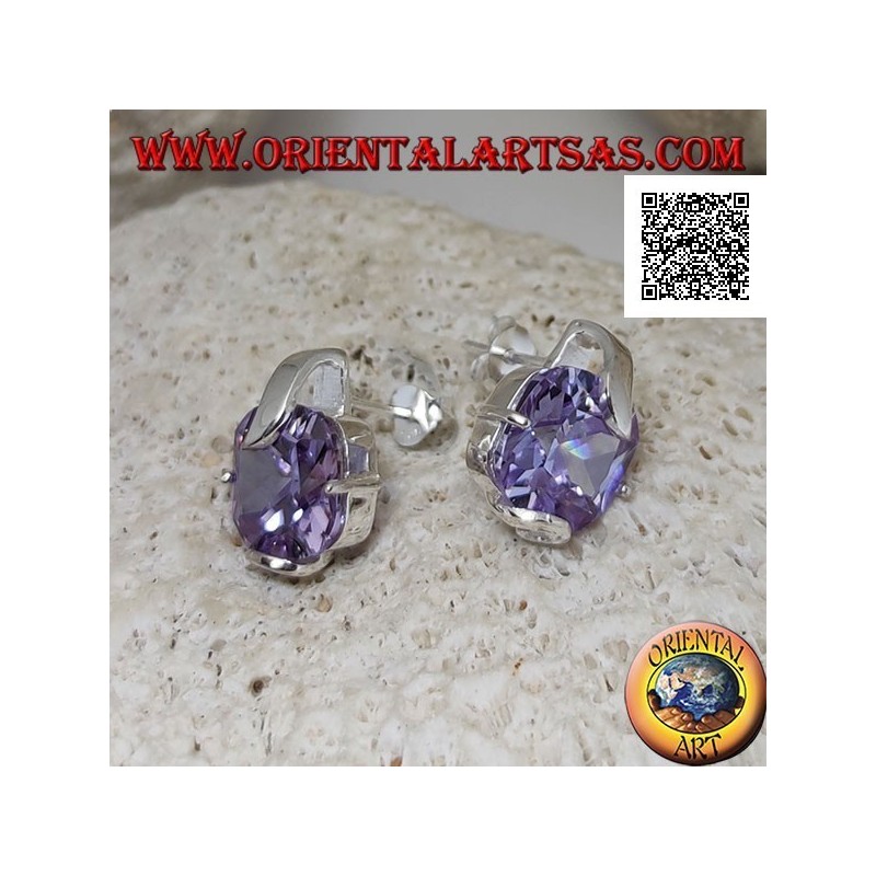 Boucles d'oreilles lobe argent avec zircon améthyste carré serti de 2 crochets épais et 2 fins