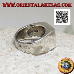 Silver ring with square mother-of-pearl flush with a thick edge on a smooth setting