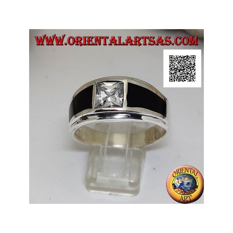 Silberring mit weißem quadratischem Zirkon und Onyx-Trapezoiden an den Seiten