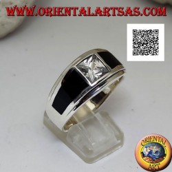 Silver ring with white square zircon and onyx trapezoids on the sides