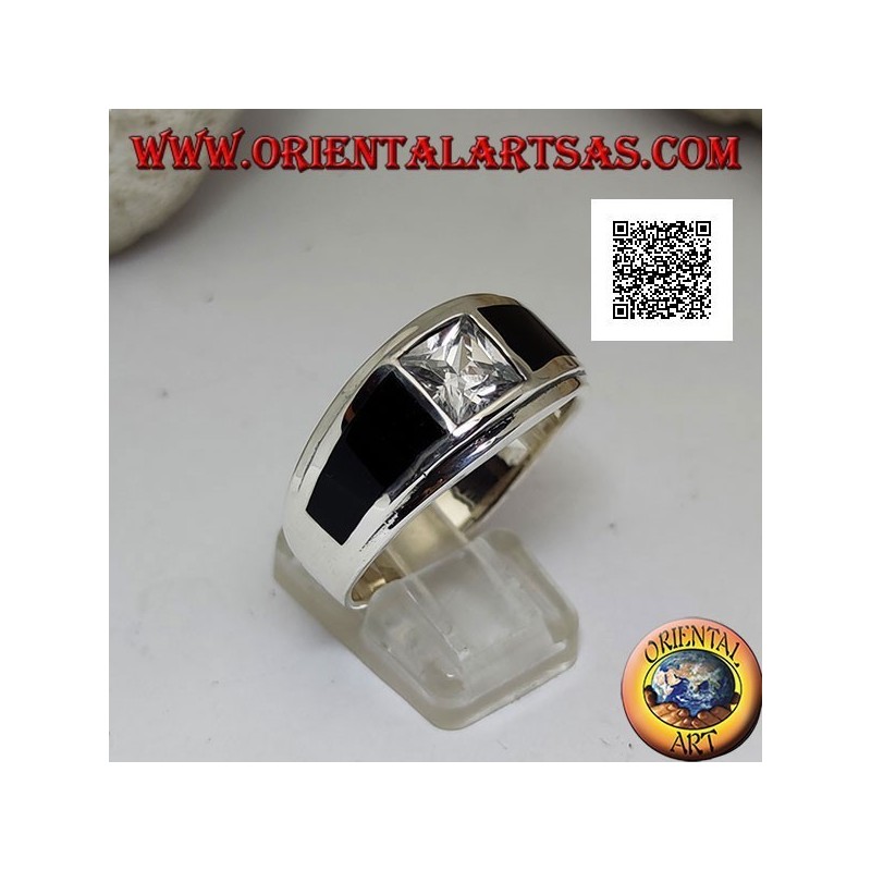 Silver ring with white square zircon and onyx trapezoids on the sides