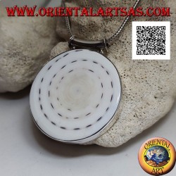 Silver pendant with large round gastropod on smooth side frame and tubular hook