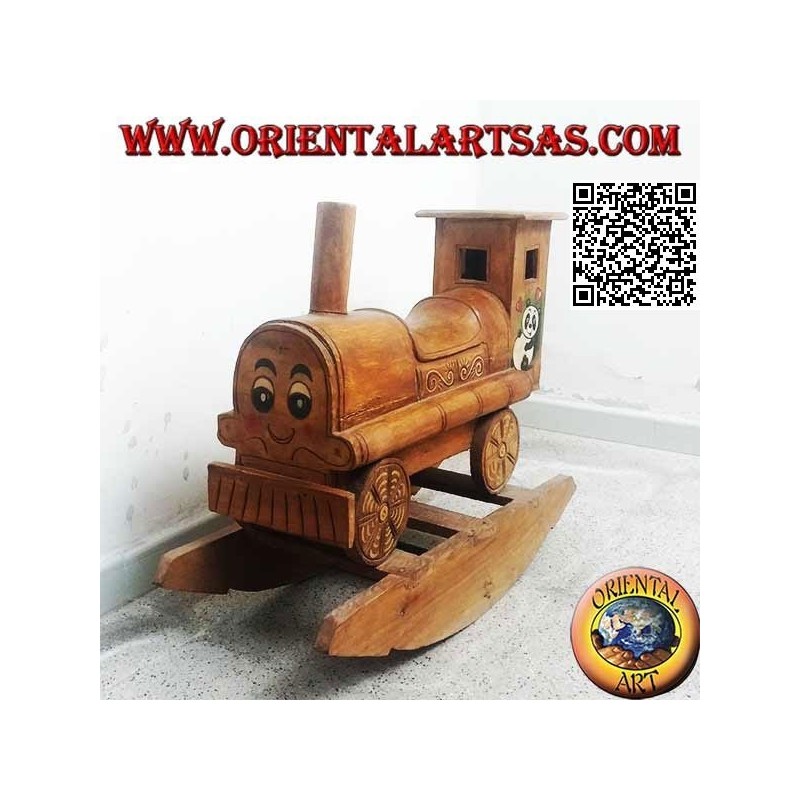 Trenino a dondolo con panda en legno di Suar (massello), dipinto a mano