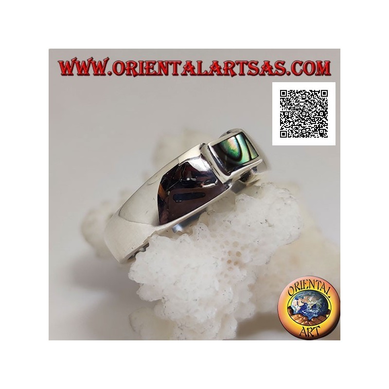 Silver ring with rectangular abalone (paua shell) flush with the joint edge of a smooth band