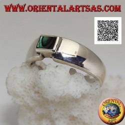 Silver ring with rectangular abalone (paua shell) flush with the joint edge of a smooth band