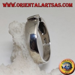 Silver ring with rectangular abalone (paua shell) flush with the joint edge of a smooth band