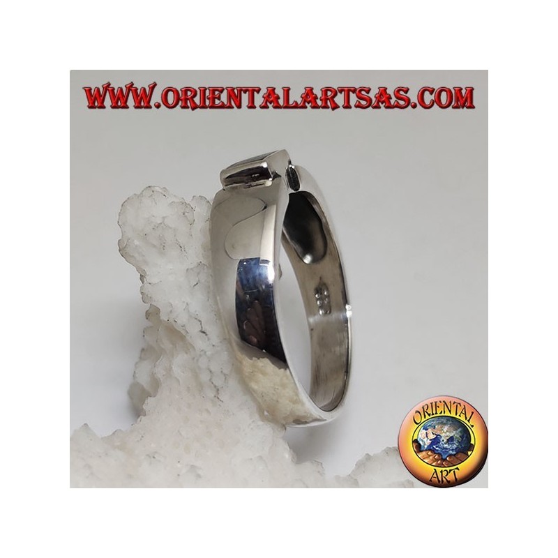 Silberring mit rechteckiger Abalone (Paua-Schale) bündig mit der Gelenkkante eines glatten Bandes