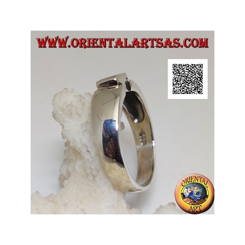 Silver ring with rectangular abalone (paua shell) flush with the joint edge of a smooth band