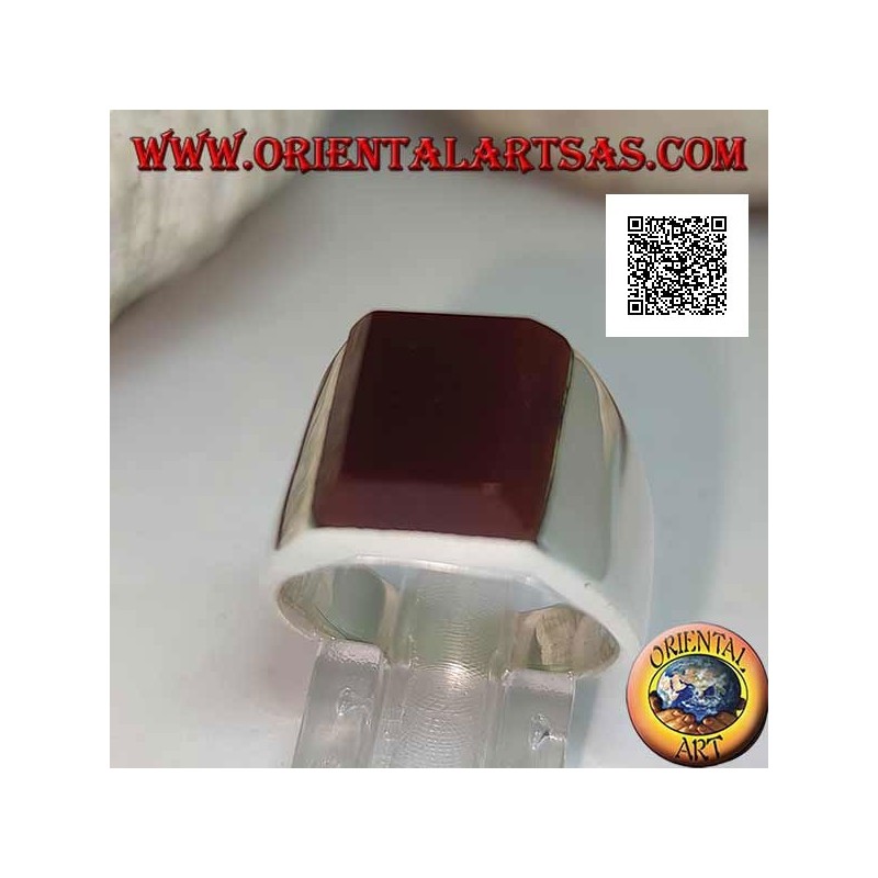 Silver ring with rectangular carnelian superimposed on a smooth setting
