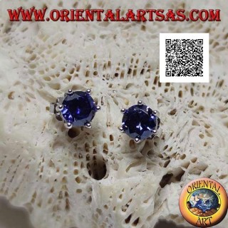 Pendientes de plata con lóbulo con zafiro sintético redondo engastado con seis clips