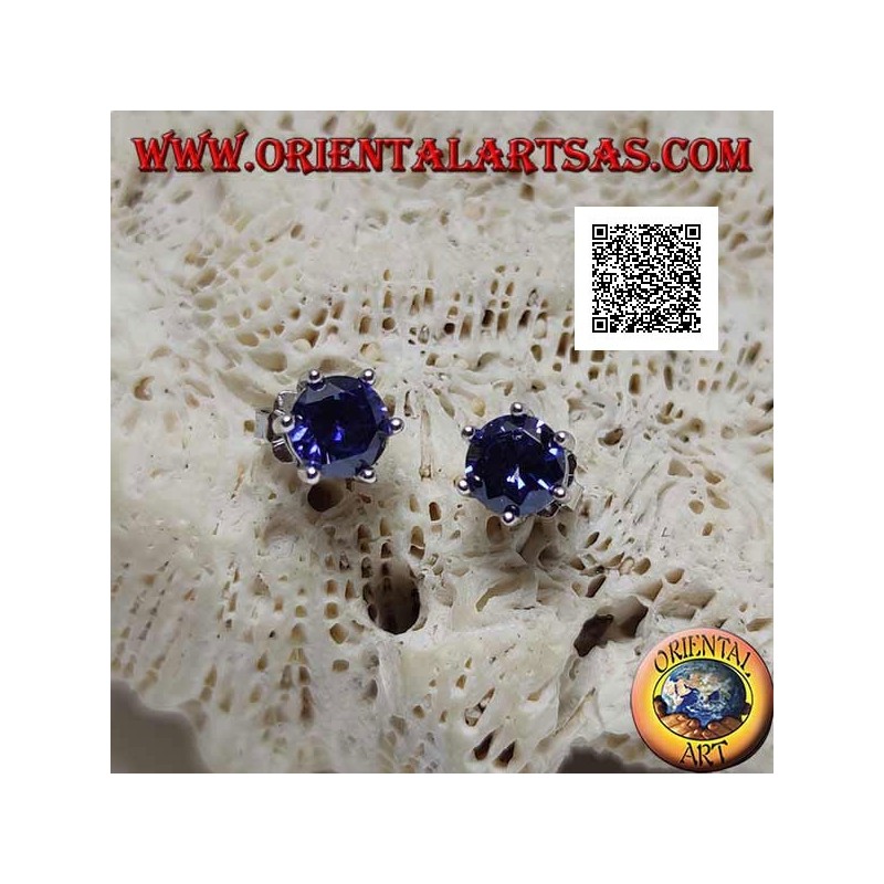Pendientes de plata con lóbulo con zafiro sintético redondo engastado con seis clips