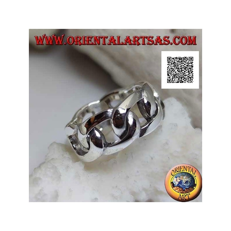 Anello in argento fascia liscia a catena rigida con anelli ovali spessi